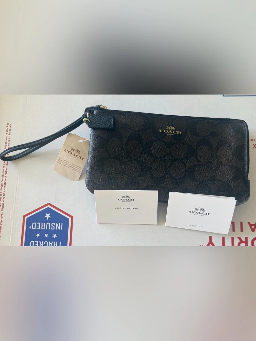 COACH Double Zip Large Brown Signature Wristlet Wallet
